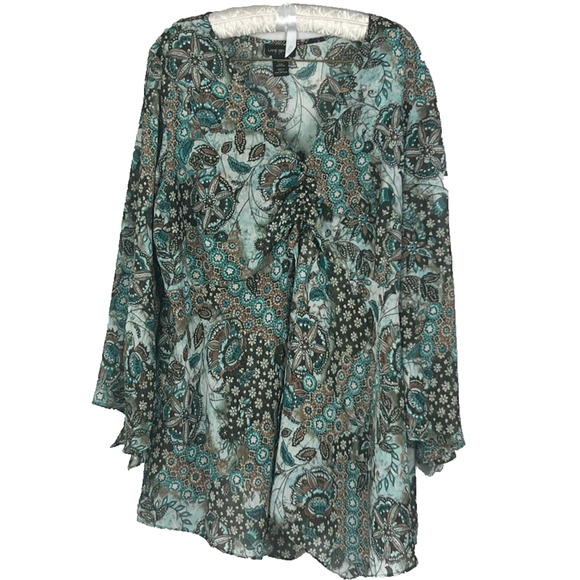 Lane Bryant Blouse Women's Size 18/20 Brown/Teal Floral Geometric Asymmetrical - Picture 1 of 8